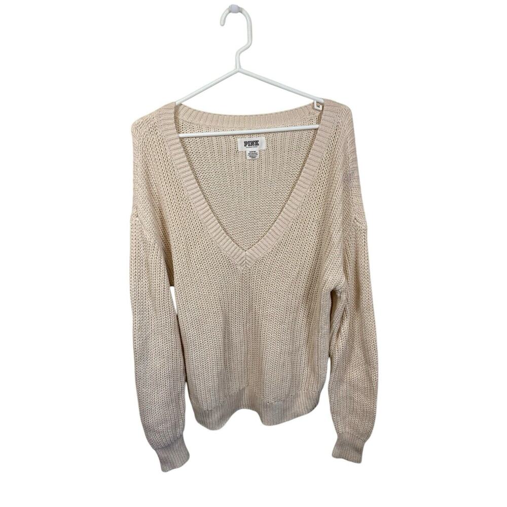 Pink Victoria’s Secret Sweater V-neck Long Sleeve Knit Pullover Cream Size M